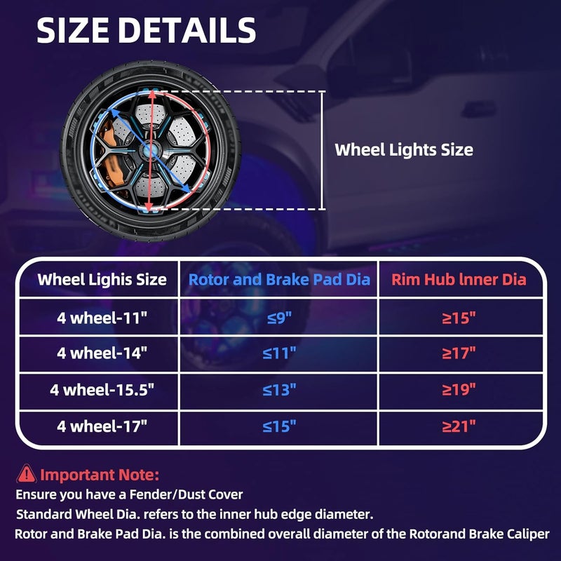 Tavaray 4PCS 14" Double Sided RGB LED Wheel Ring Lights with APP & Remote Control, 178+DIY Dynamic Modes w/Turn Signal Braking and Reverse Function Wheel Lights for Trucks Pickups Cars Offroad - Image 5